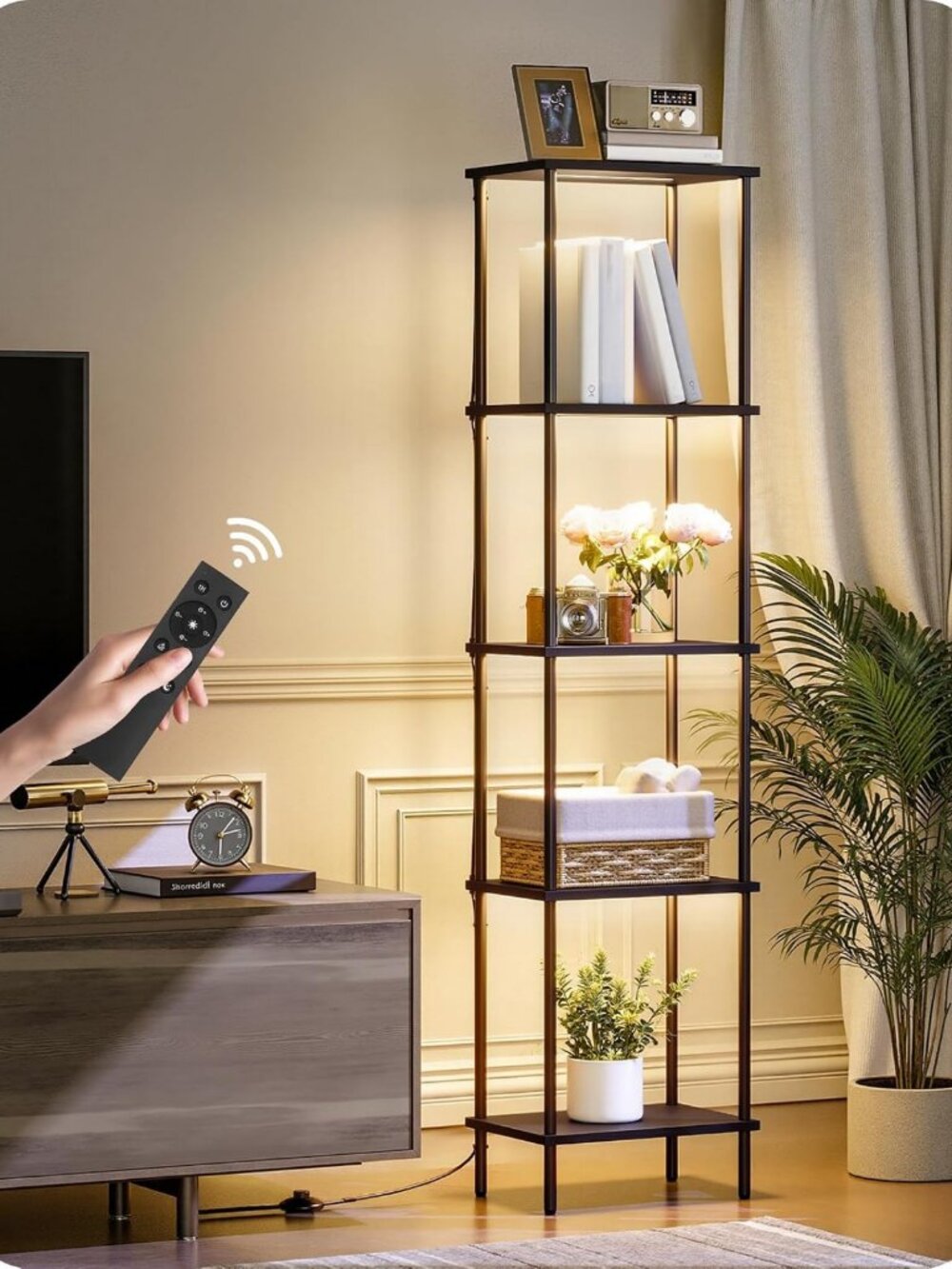 Dimmable LED Corner Floor Lamp with 5-Tier Display Shelves & Remote Control
